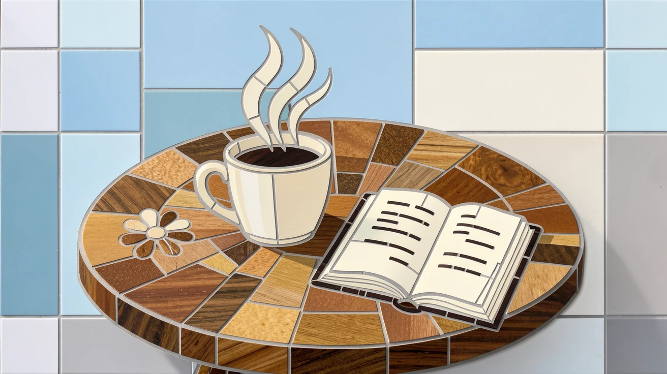 A cozy café table with a steaming cup of coffee beside an open journal.