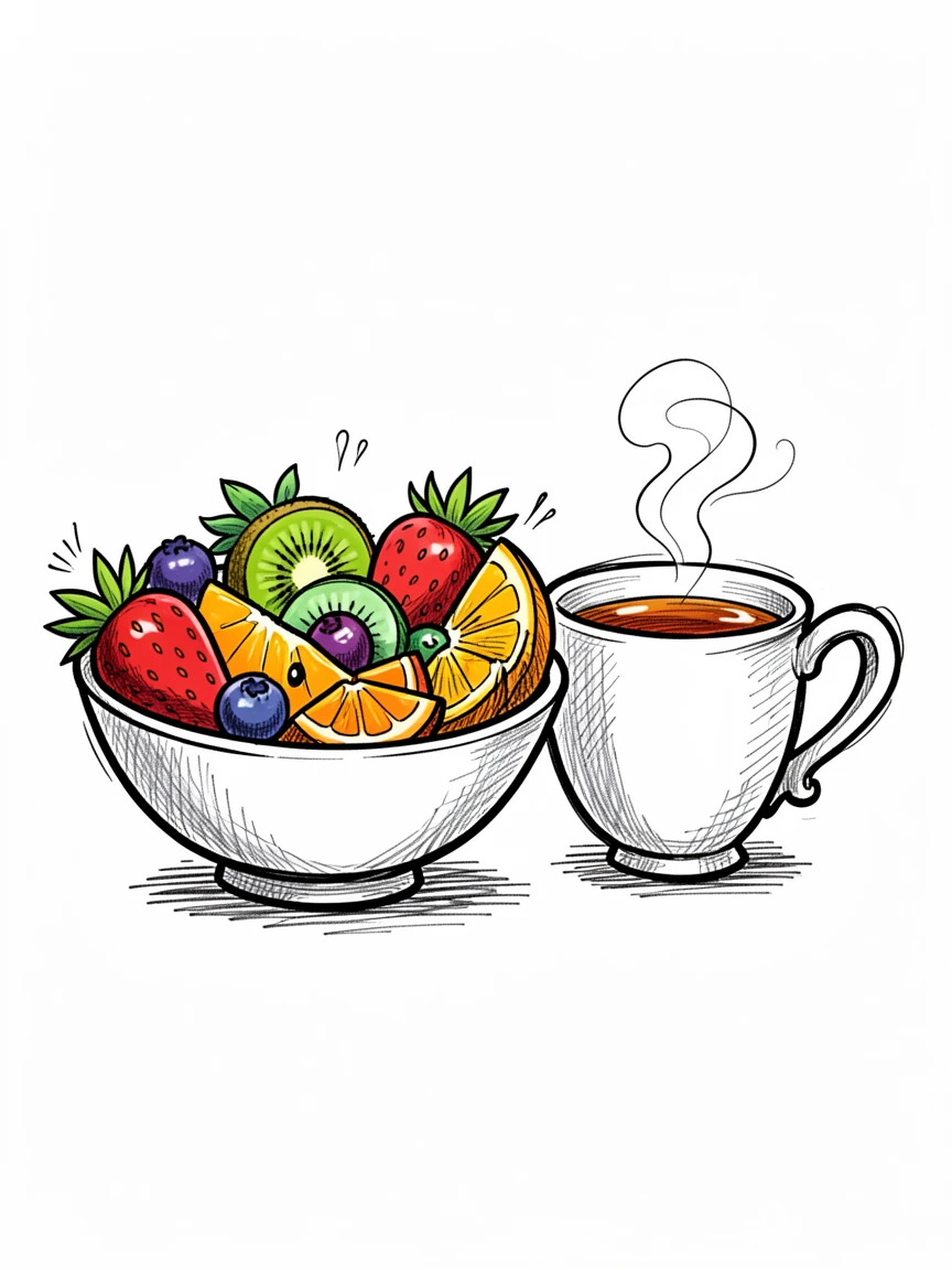 A bowl of rainbow fruit salad placed beside a cup of tea.