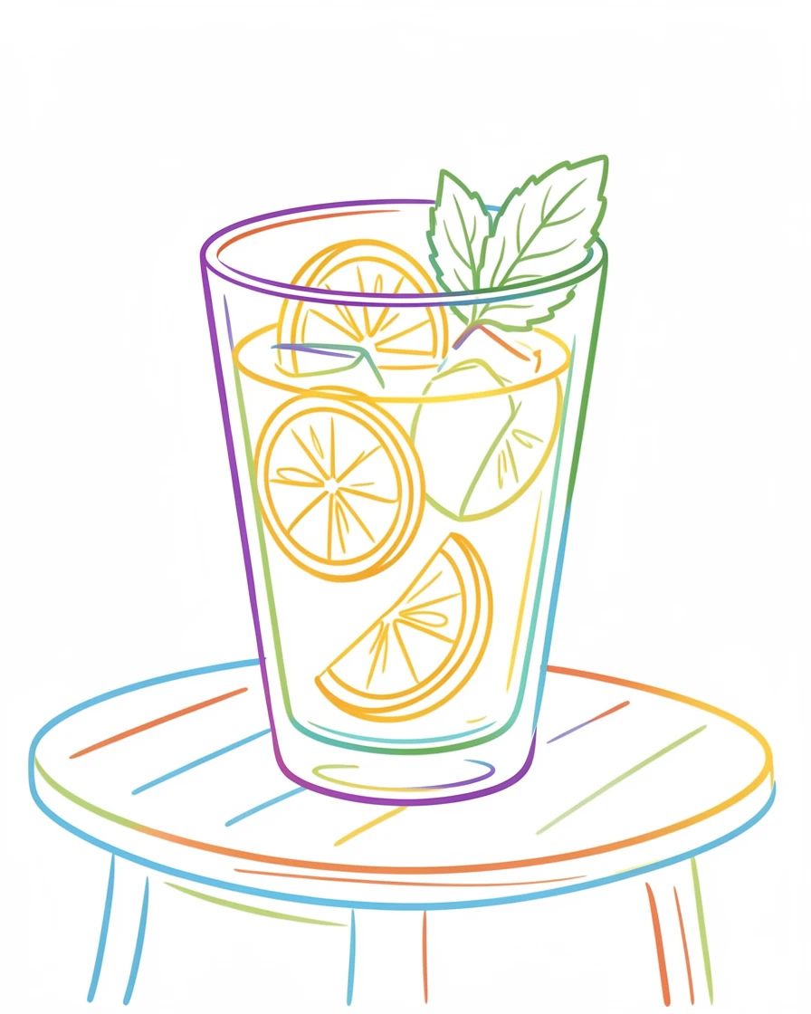 A glass of iced lemonade with mint leaves and lemon slices on a sunny patio table.