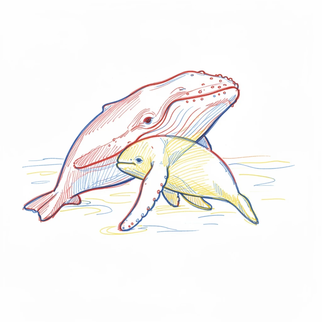 A humpback whale calf swimming closely beside its mother
