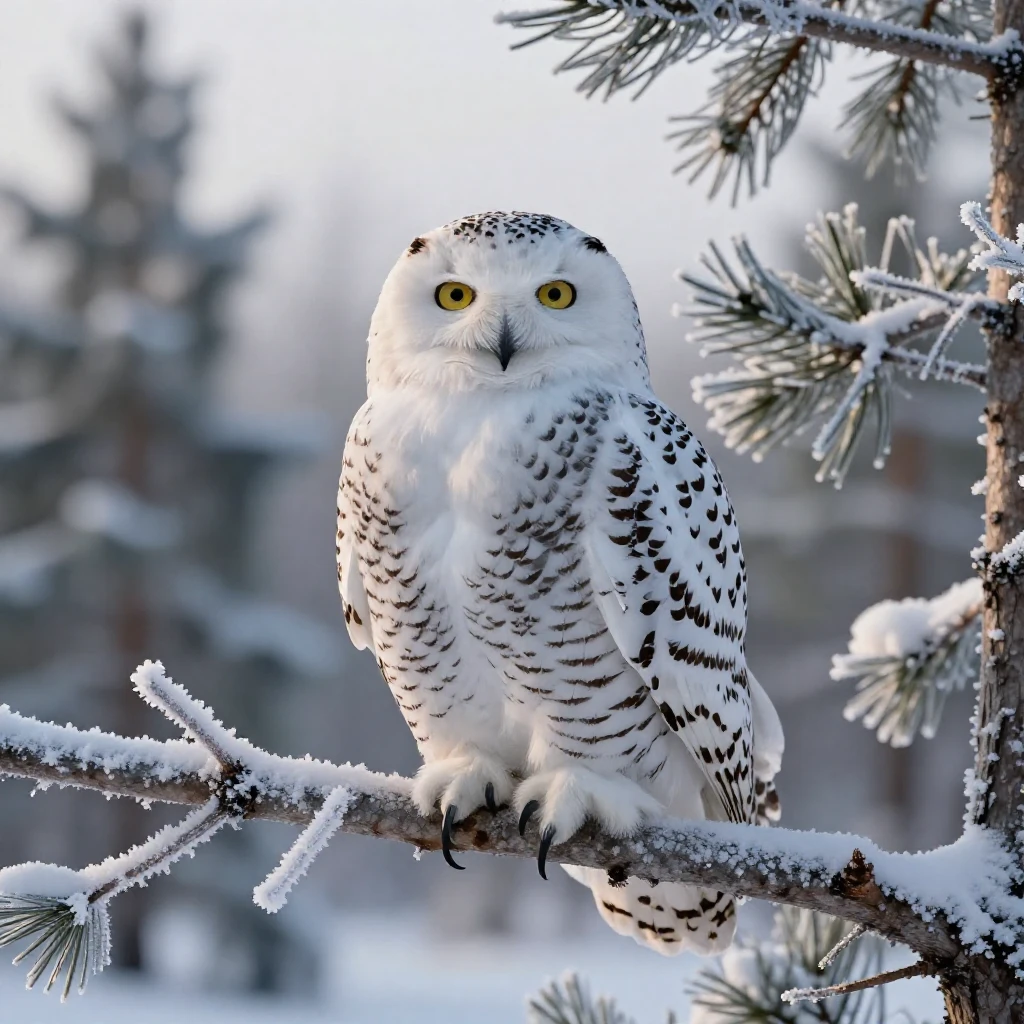 A snowy owl perched silently on a frosted branch