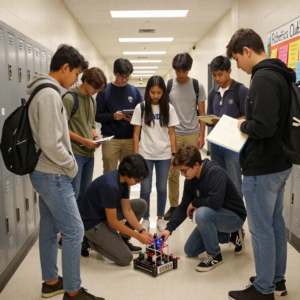 A robotics club tests a new prototype in a school hallway after hours.