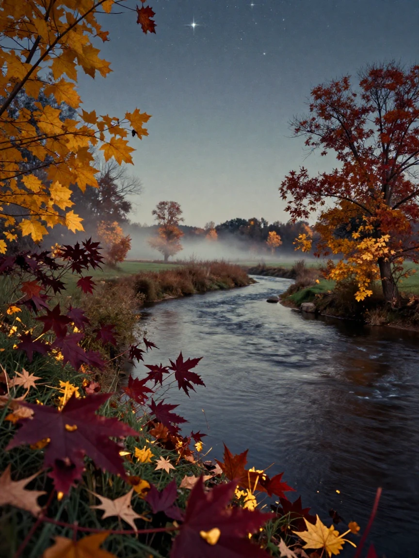A winding river cutting gently through green farmland, under a canopy of stars, as mist rises off the ground, as autumn leaves turn gold and red, with rich burgundy and gold accents, in a tight close-up.