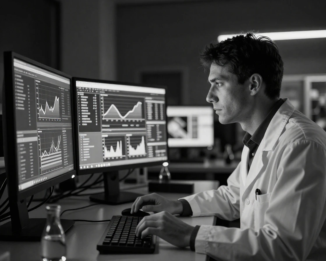 A researcher analyzes data on a glowing screen at a bank of computer monitors.