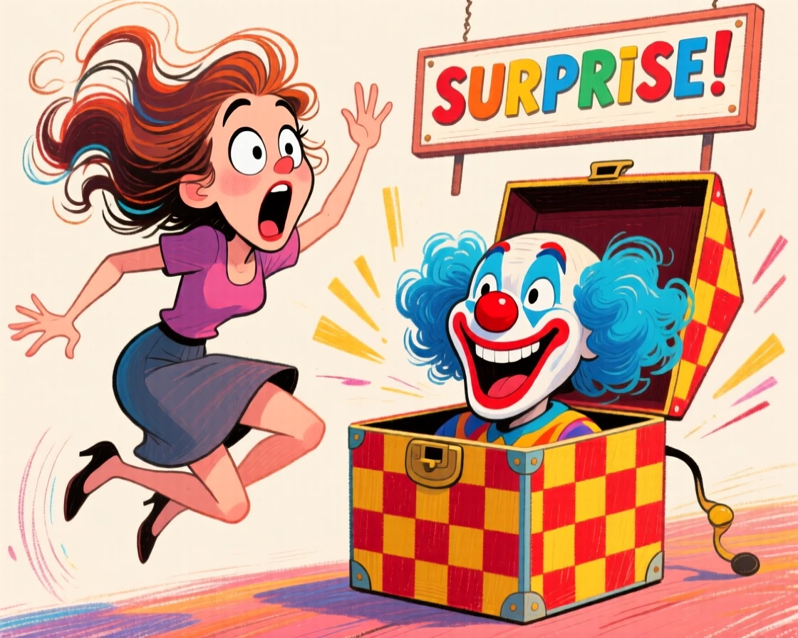 A woman jumping back in surprise as a jack-in-the-box pops open.