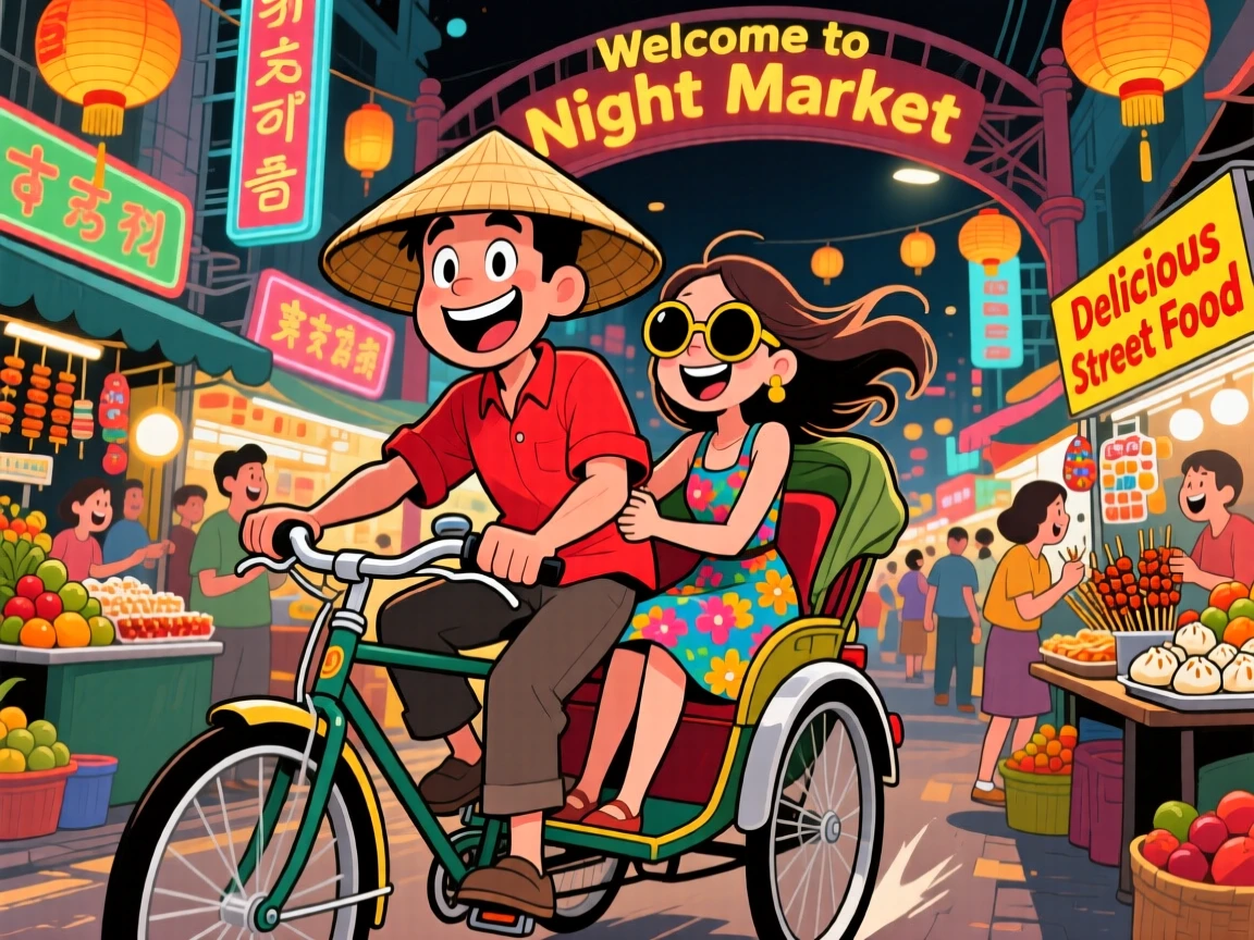 An iconic travel scene featuring a couple riding a rickshaw through the vibrant streets of a bustling Asian night market.