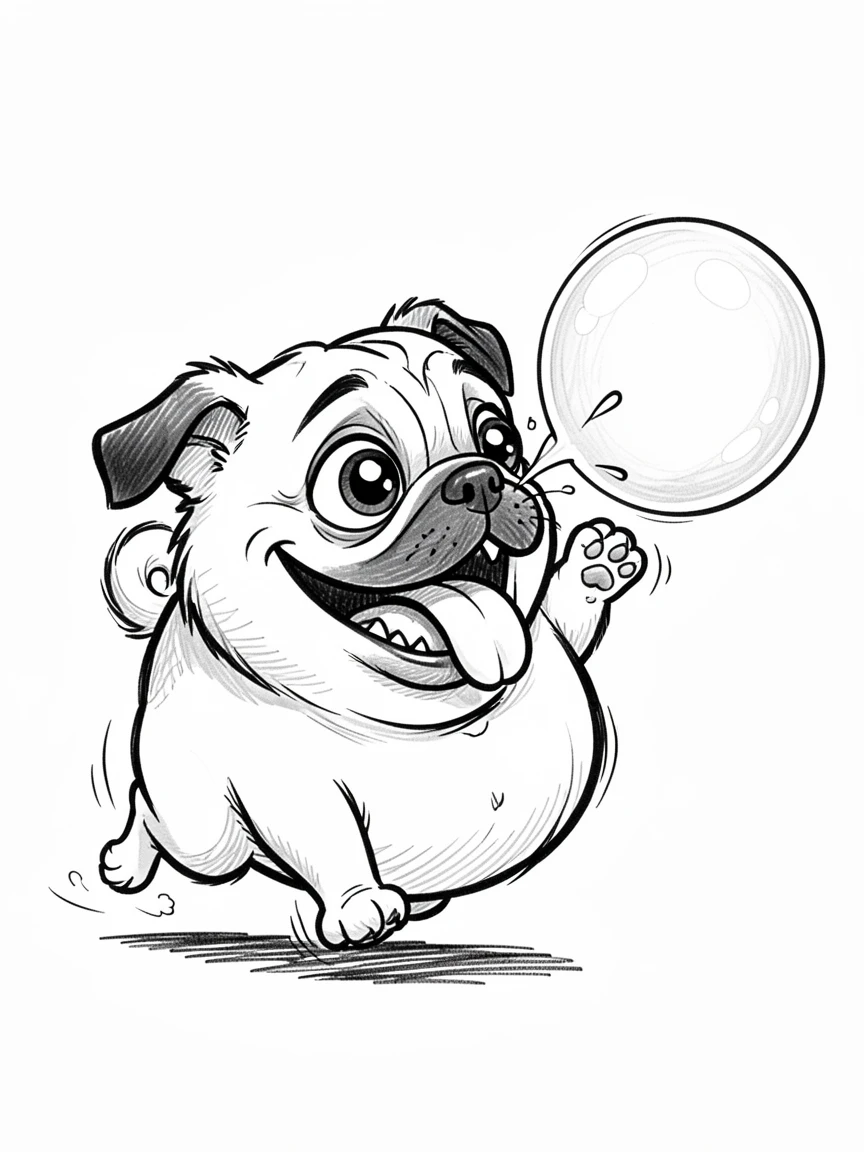 [Cute Animals & Pets] Adorable scene of a chubby pug wheezing happily while chasing a bubble, bursting with charm and playful energy