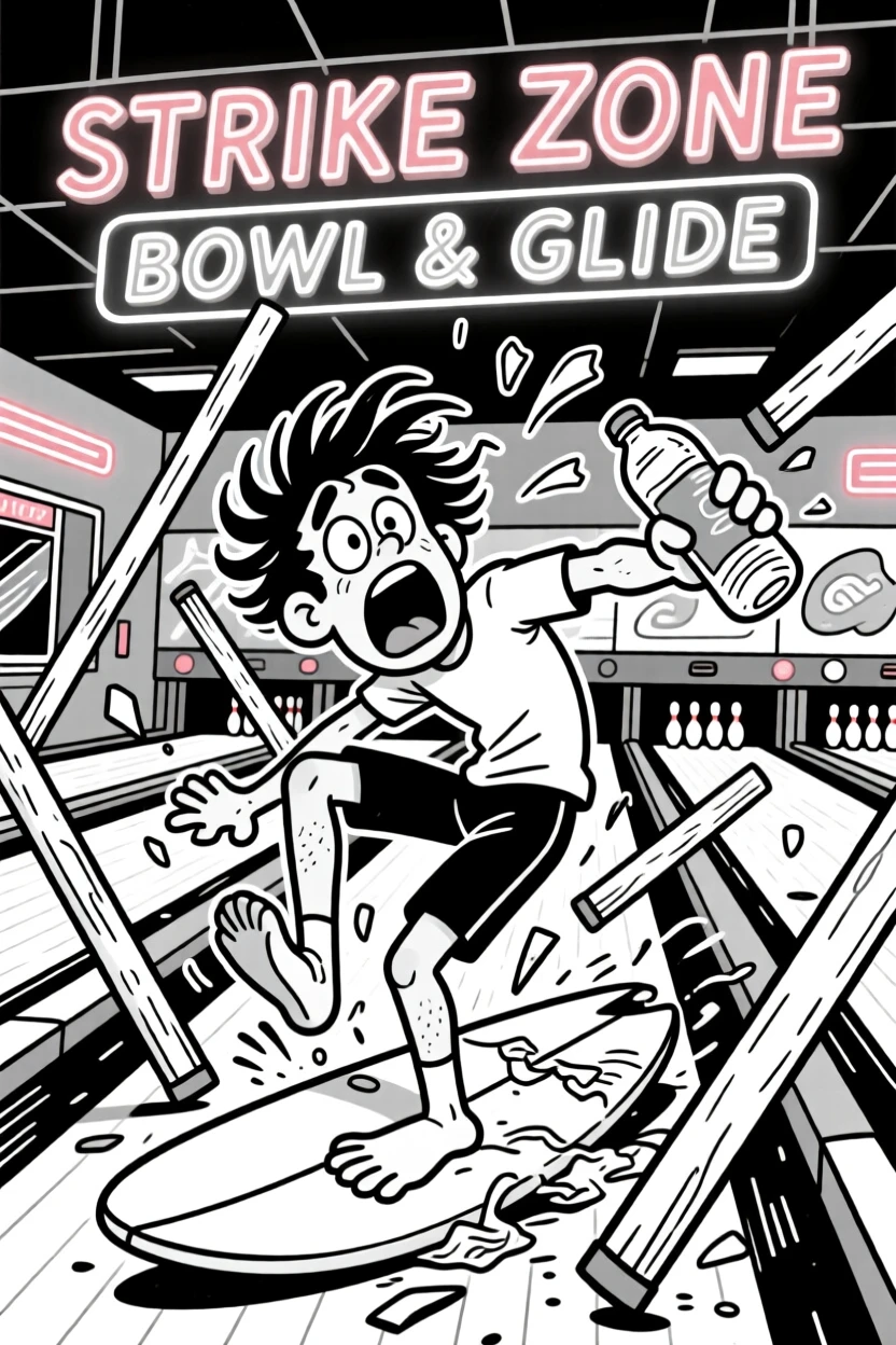 A surfer wiping out spectacularly, getting swallowed by the collapsing tent poles, set at a retro bowling alley with neon lights. A water bottle is crushed flat from being gripped so hard. It feels like the kind of memory friends laugh about for years.