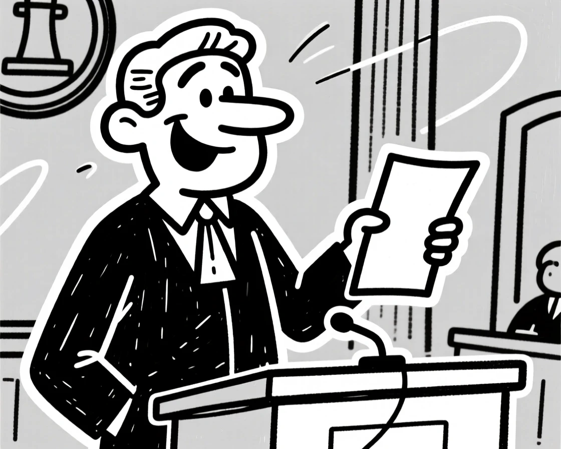 A lawyer confidently presenting to a courtroom, papers in hand.