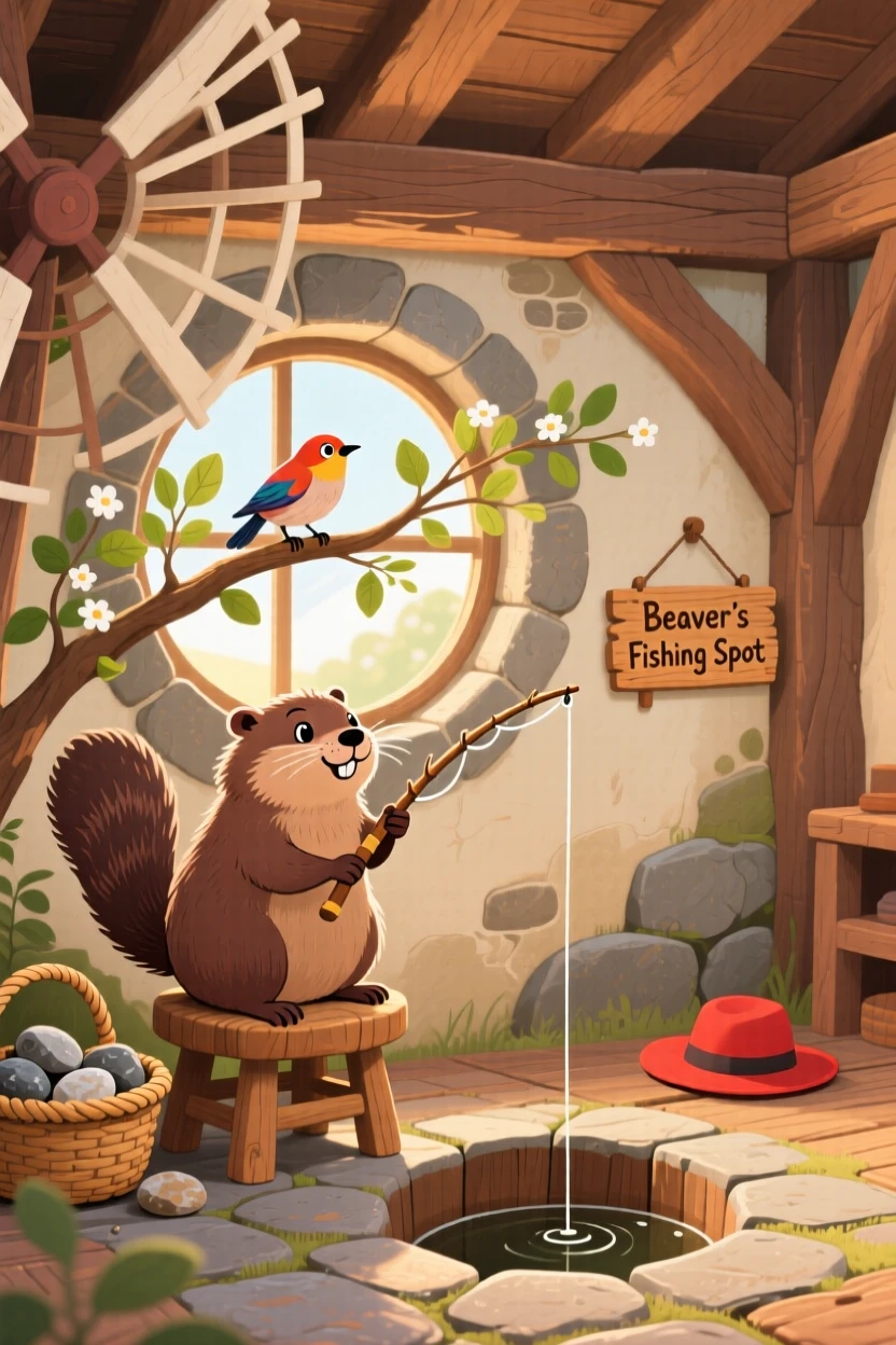 In an old stone windmill, a busy beaver spends the afternoon fishing with a bent twig, while a curious bird watches from a branch.