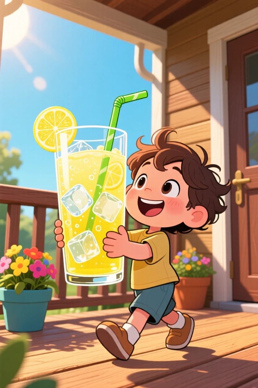 A child carefully carrying a glass of lemonade to the porch.