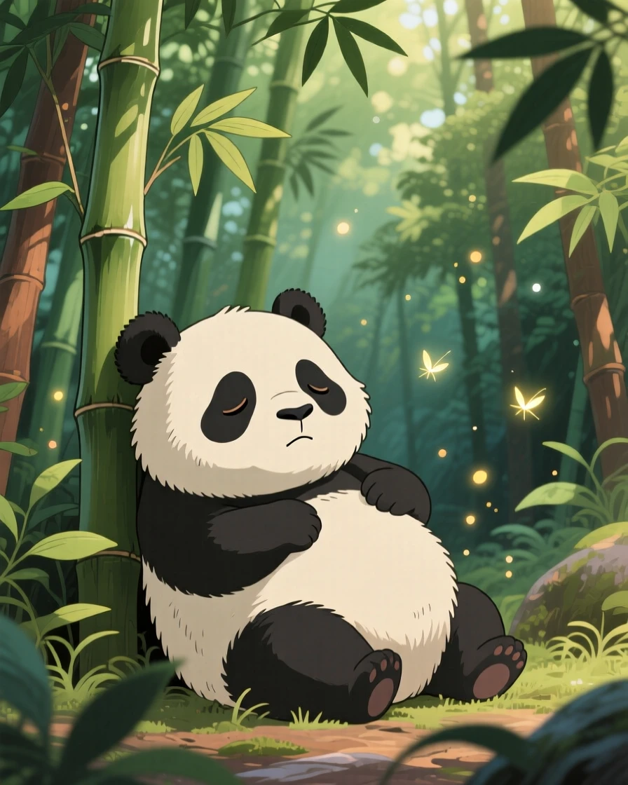 A sleepy panda resting against a bamboo stalk, with a curious expression, ears perked up, radiating pure charm.