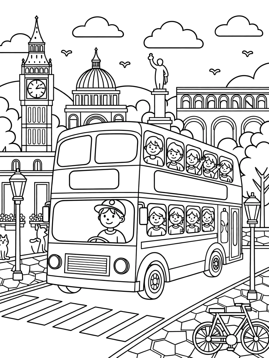 A double-decker bus touring a city full of landmarks
