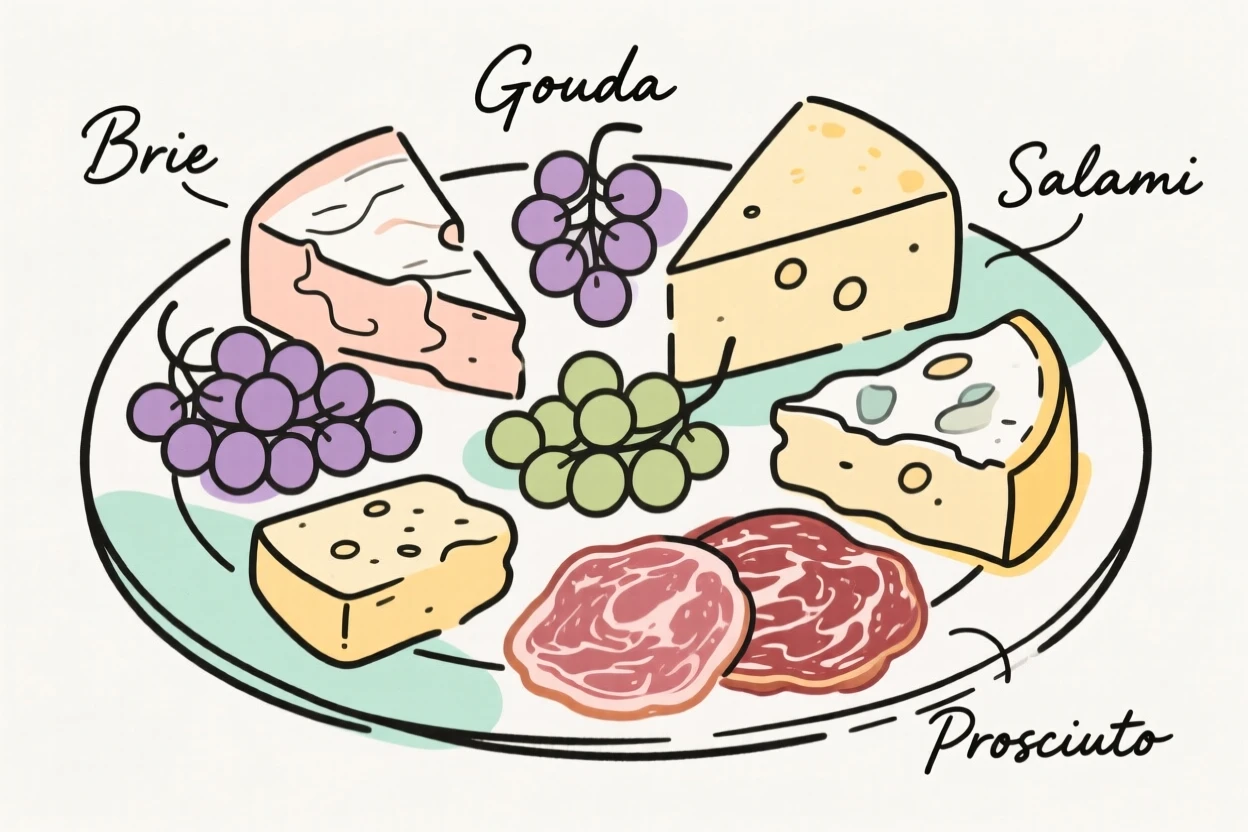 A charcuterie board arranged with cheeses, grapes, and cured meats.
