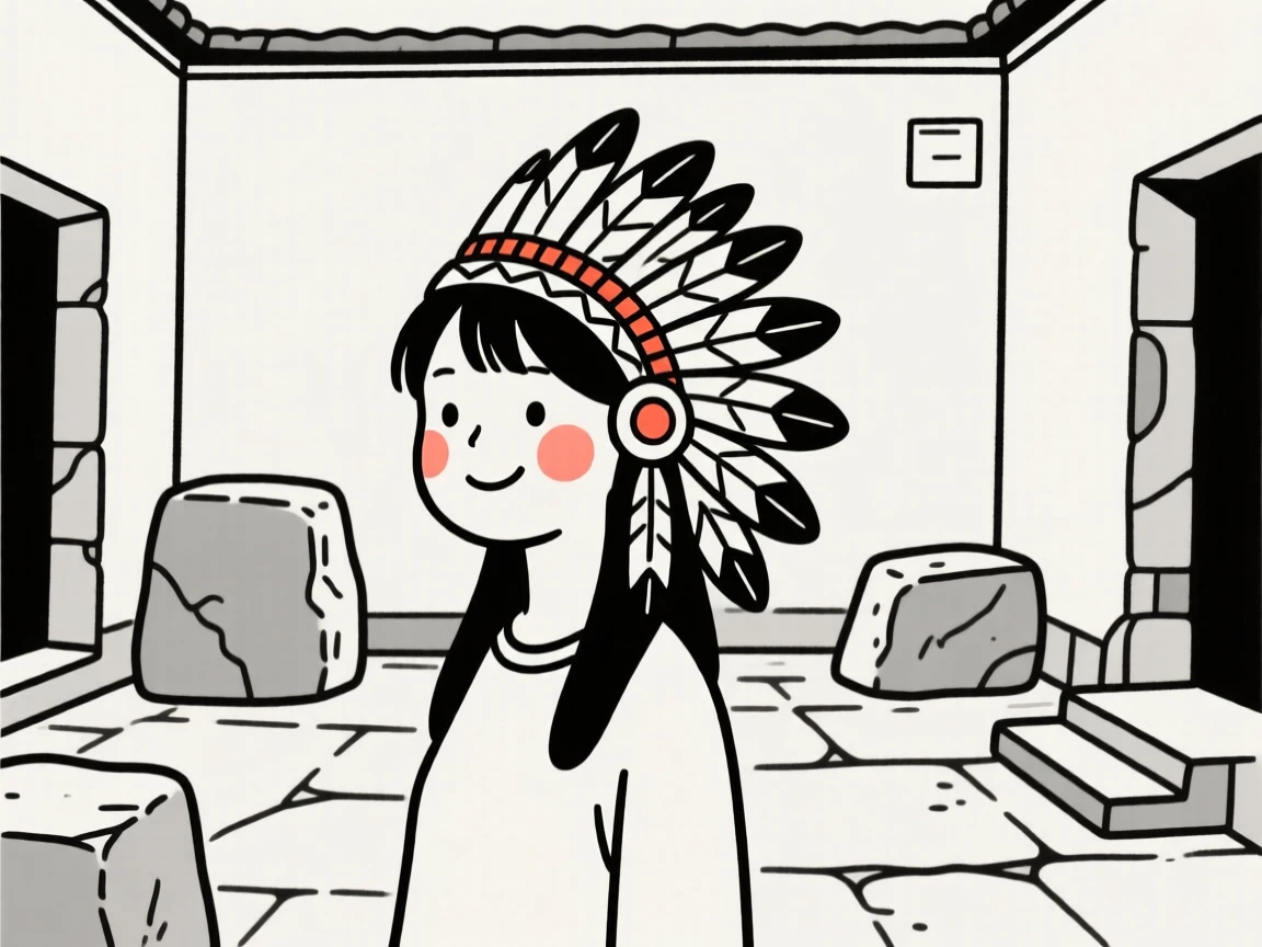 A teenage girl of Vietnamese heritage wearing a Native American ceremonial headdress, smiling shyly, in an old stone courtyard.