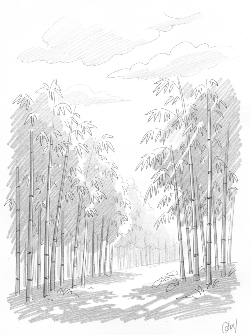 Sweeping landscape of a tranquil bamboo forest sparkling under crisp winter sunlight, with clouds casting slow-moving shadows.