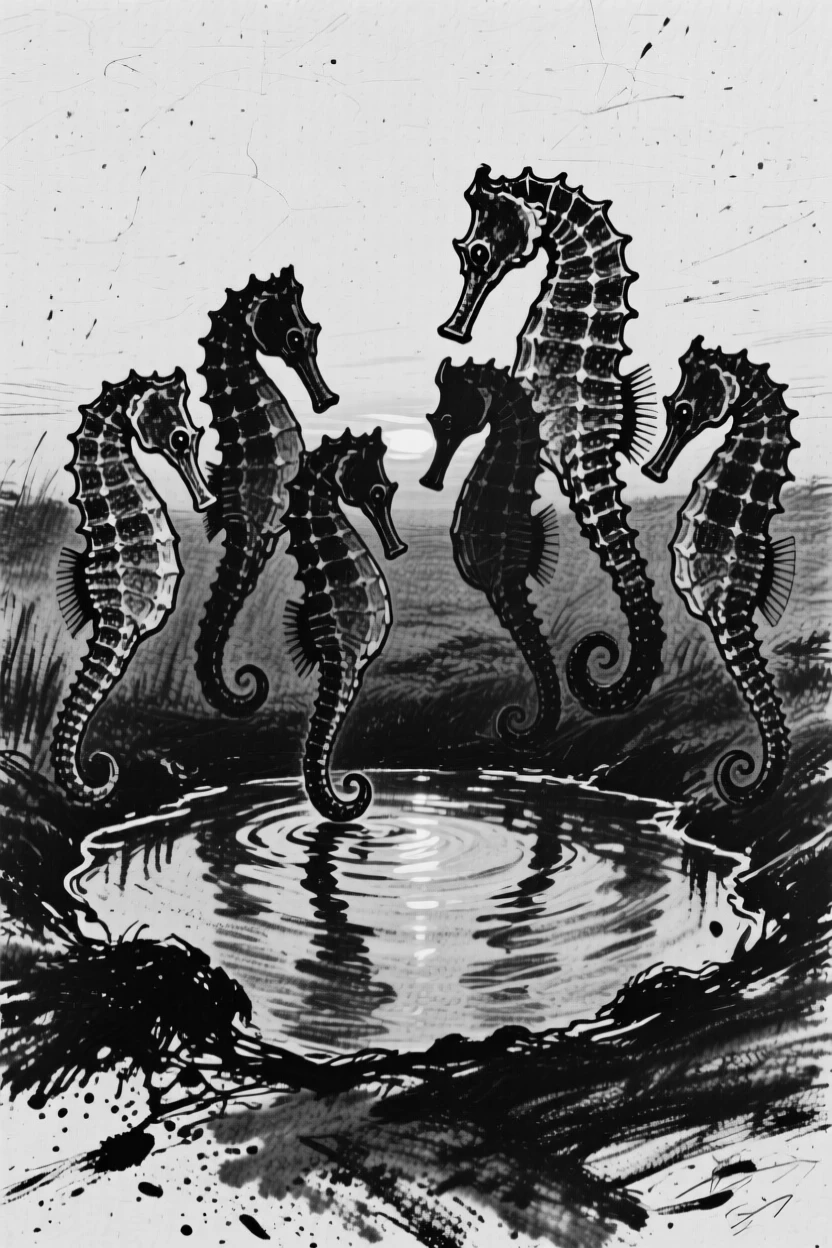 A seahorse gathered around a watering hole at dusk.