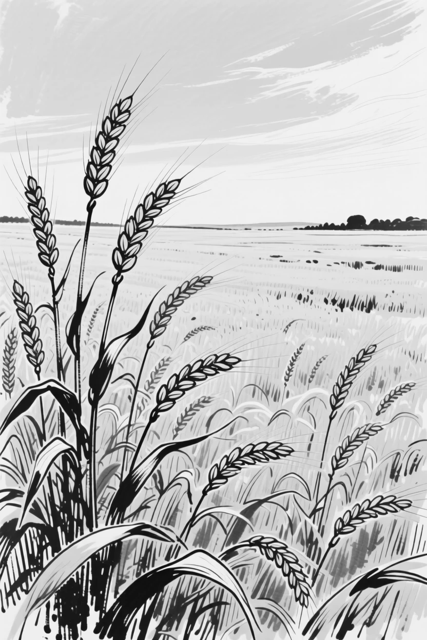 A field of golden wheat swaying gently under a wide summer sky.