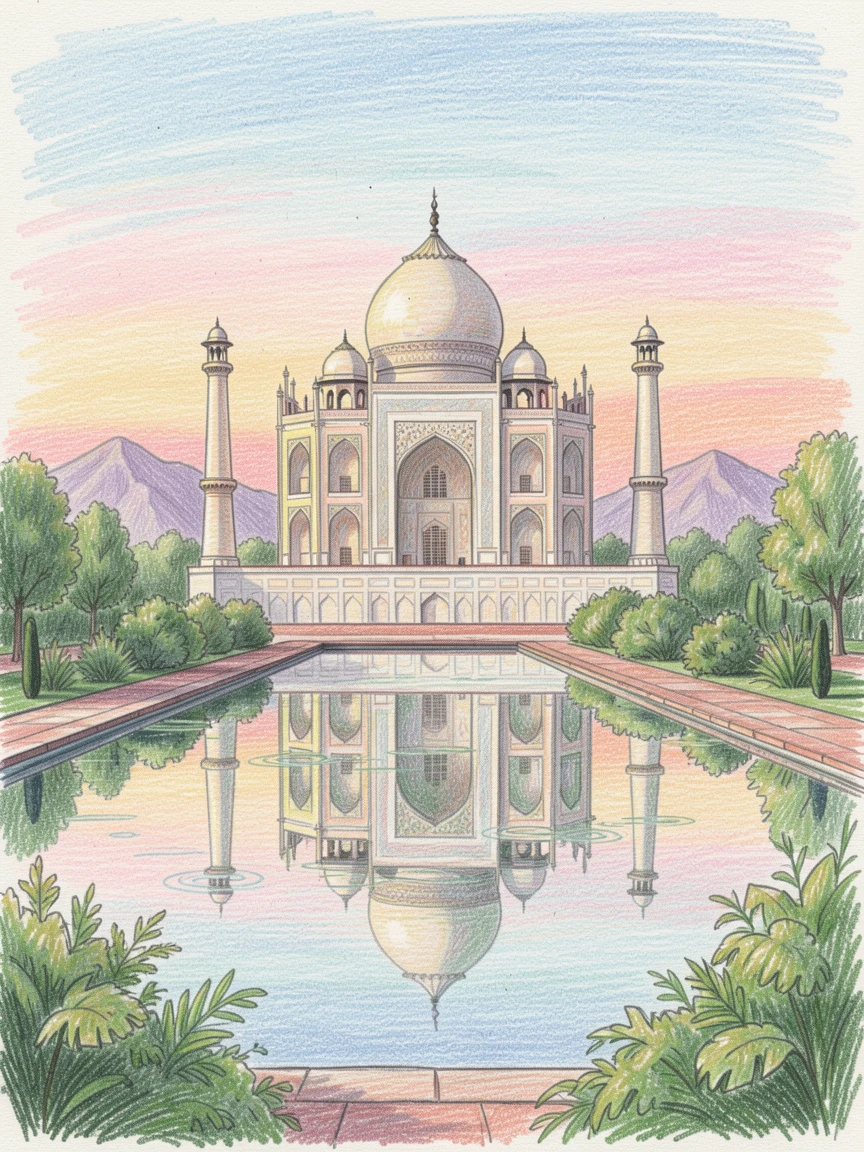 The Taj Mahal reflected in its still garden pool at sunrise, framed by lush greenery and distant mountains, designed to inspire dreams of travel and adventure.