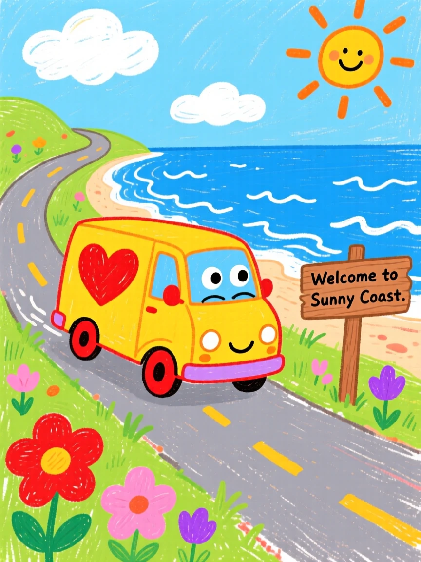 A friendly delivery van traveling along a winding coastal road.