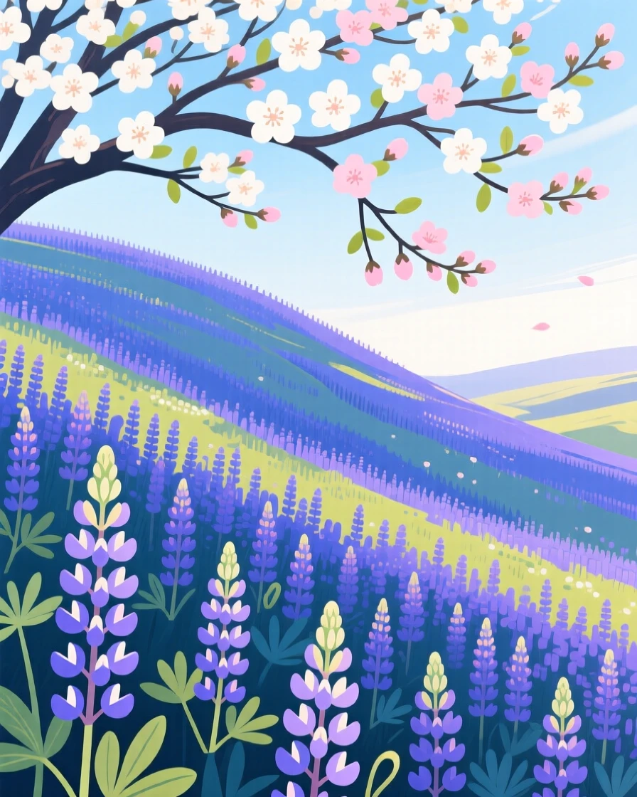 A field of wild lupines painting a hillside in blue and purple, beneath a canopy of blooming branches, shown from an elevated viewpoint overlooking the scene, with a fresh, crisp clarity that highlights every detail.