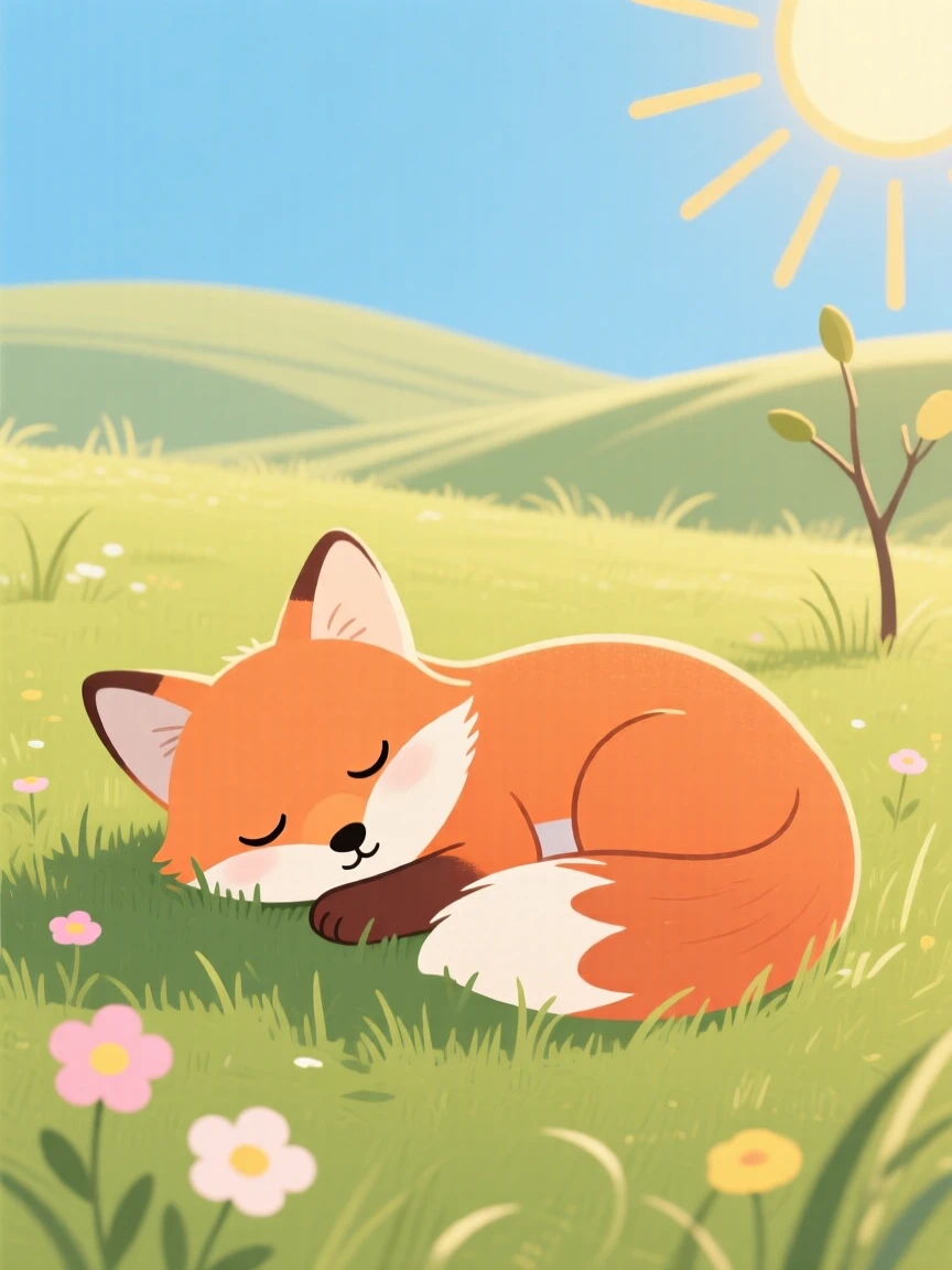A playful baby fox napping in the sun in a sunny meadow.