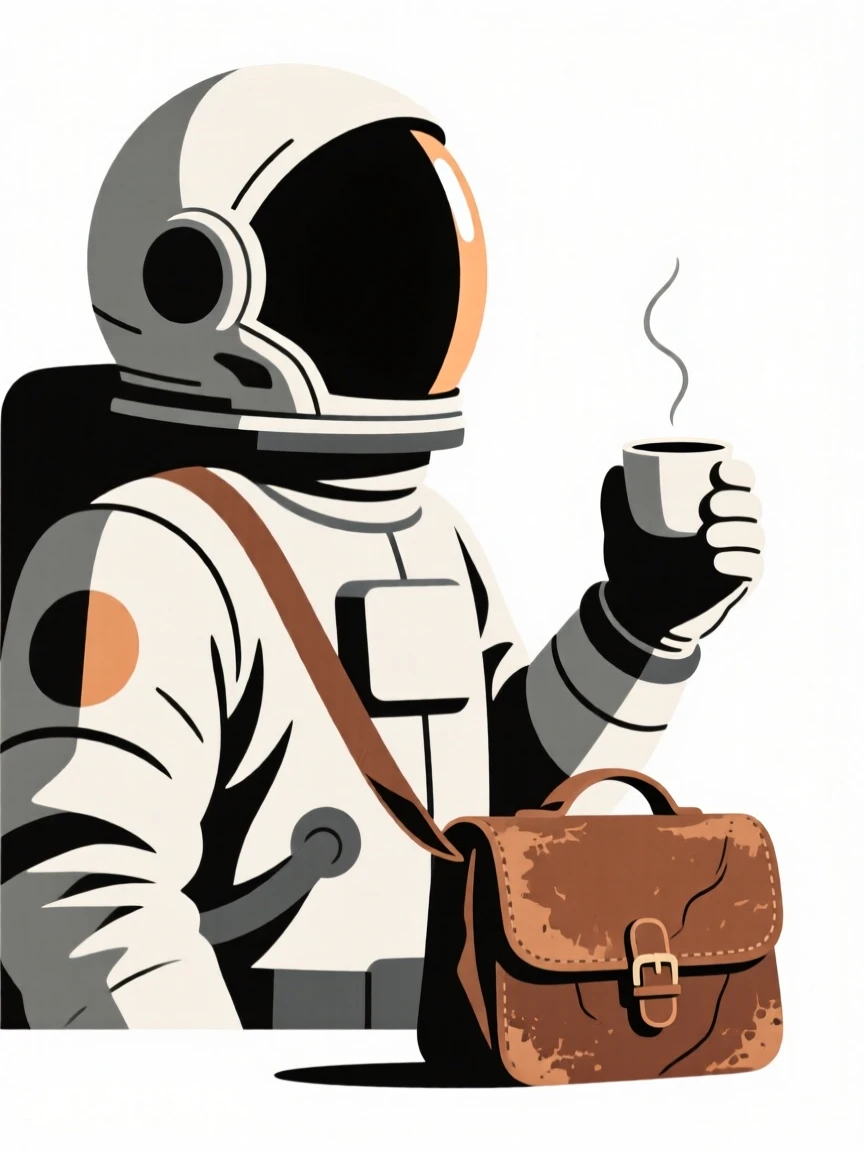 A portrait of an astronaut sharing a warm drink near a worn leather satchel, filled with gentle happiness.