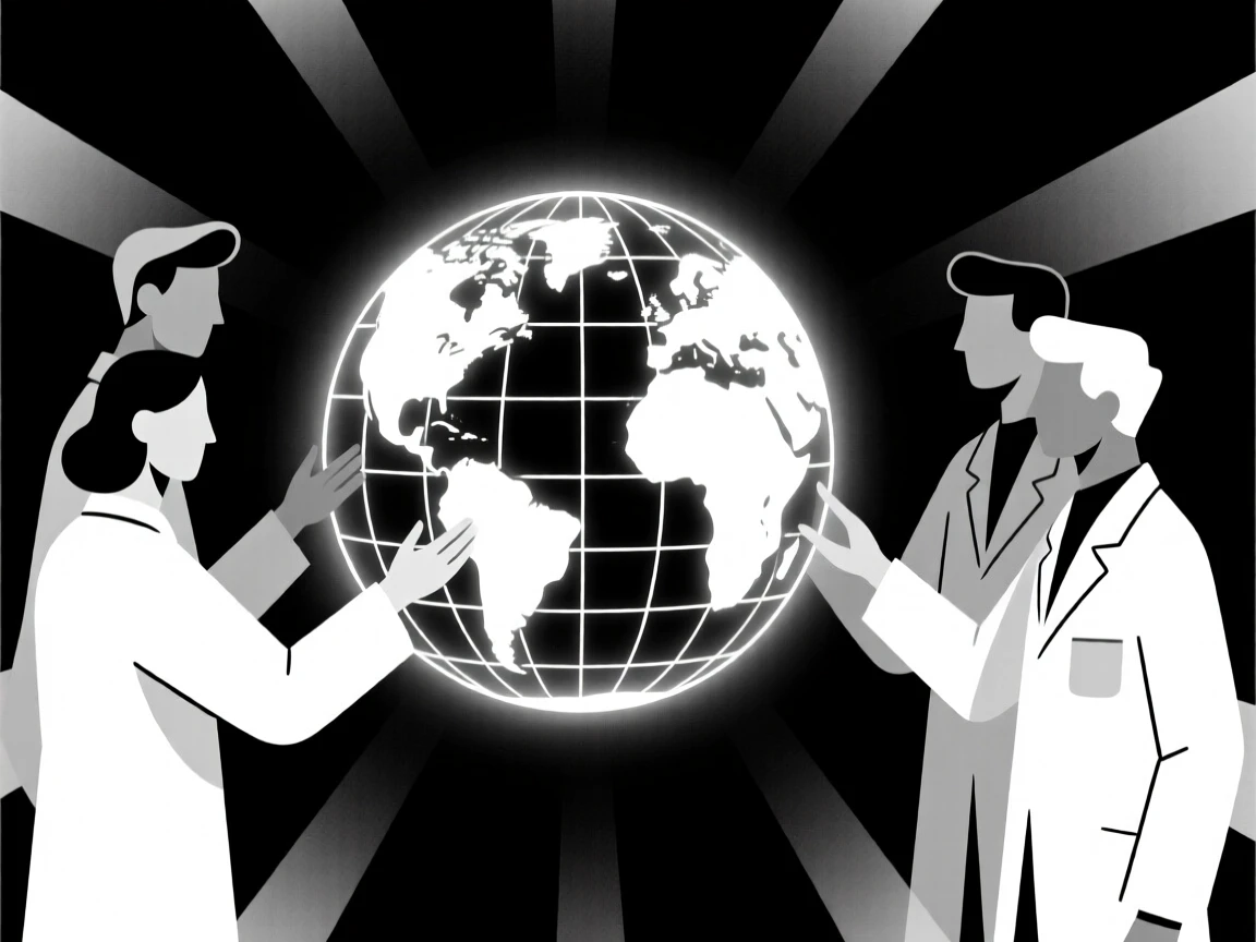Scientists collaborating around a glowing holographic globe.