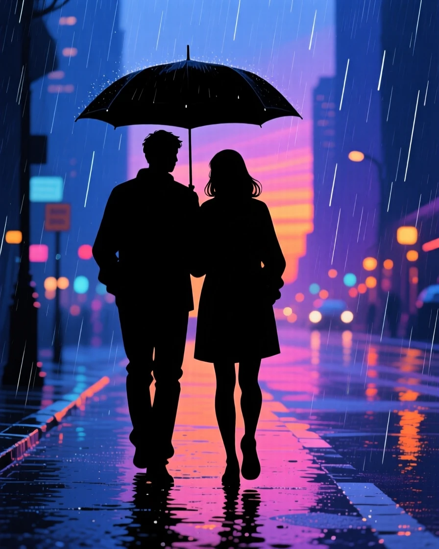 Two friends sharing an umbrella while walking through a rain-soaked city street.