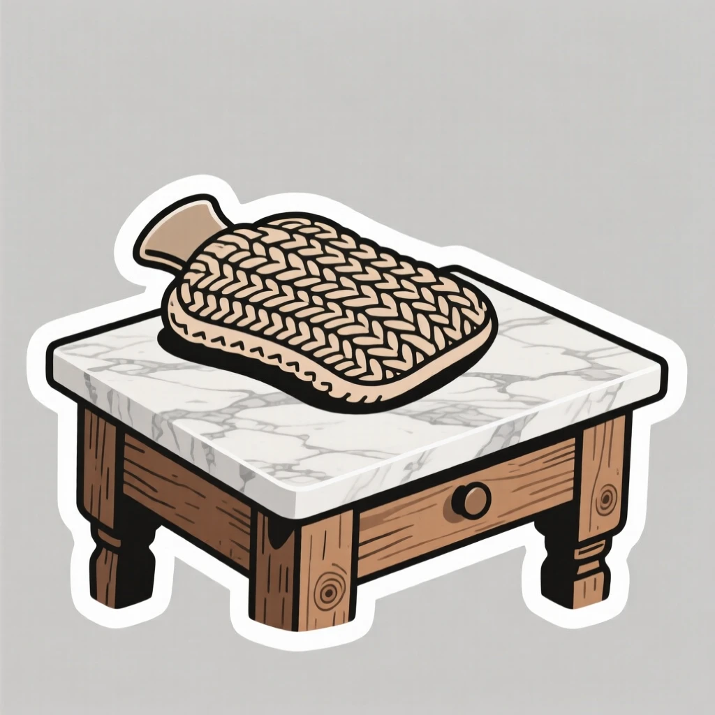 A calm and serene hot water bottle with a knitted cover, sitting on a marble countertop, on a rustic farmhouse table.