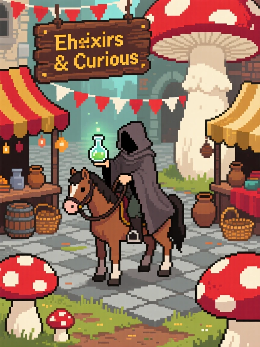 A cloaked alchemist mixing potions riding through a field of giant mushrooms, in a market square of a fantasy town.