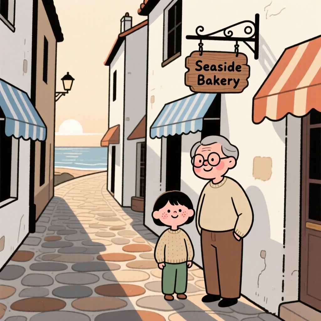 A sunlit alley winds through a small seaside village lined with whitewashed buildings and striped awnings, quiet in the early morning light.