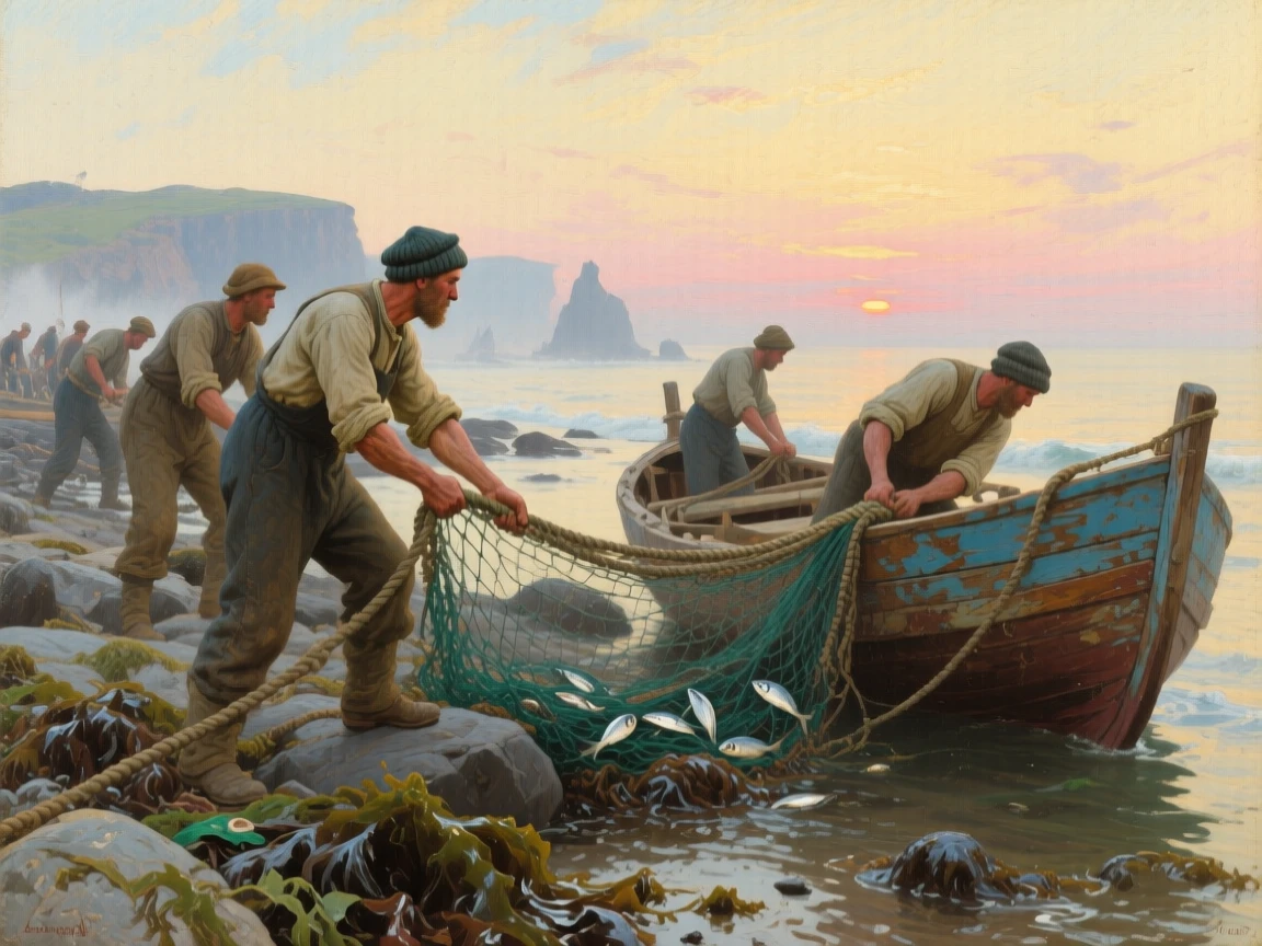 A grand panoramic scene of a group of fishermen hauling in a heavy net at dawn, just after sunrise, in the early 1900s.