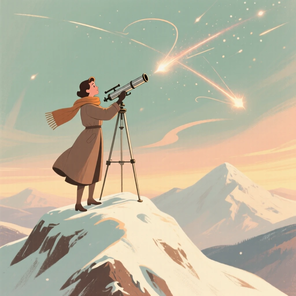 An astronomer charting a meteor shower from a snowy mountain peak