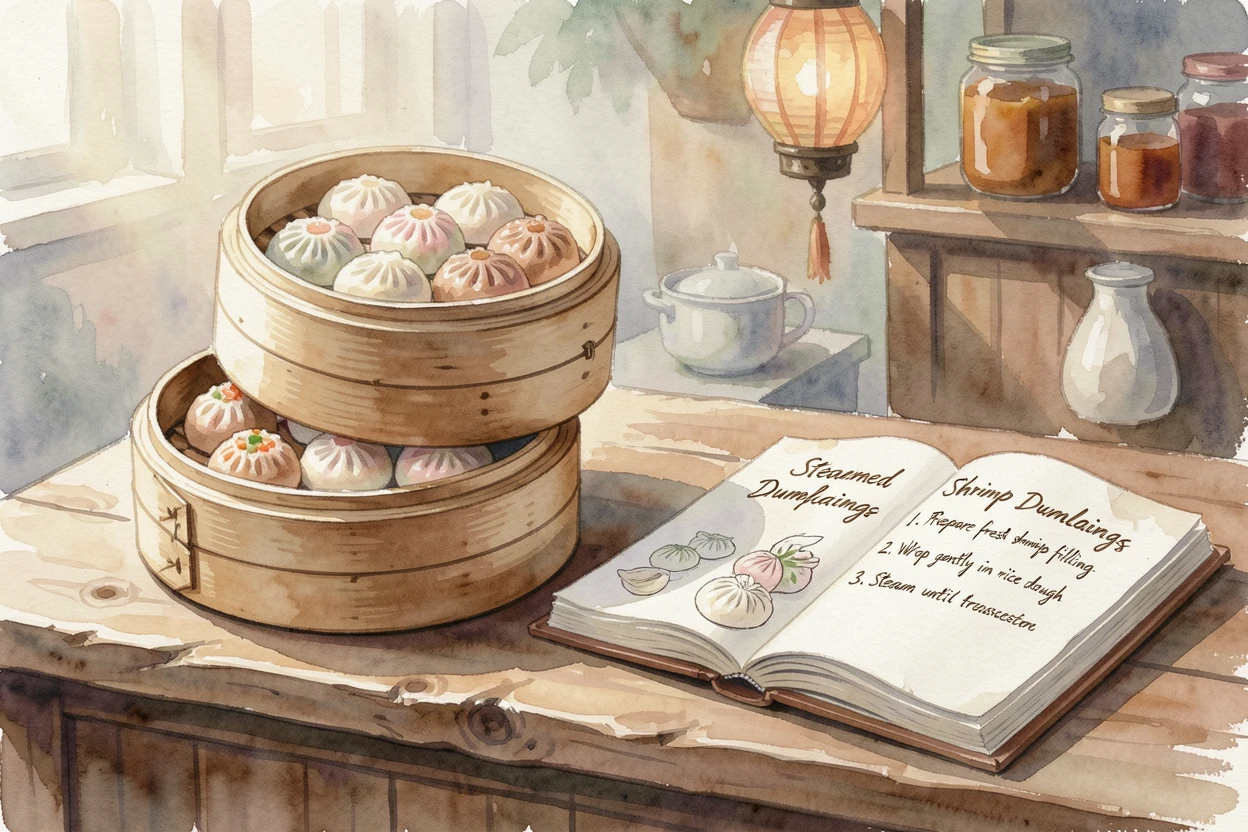 A plate of dim sum in bamboo steamers on a street food stall counter next to an open cookbook.