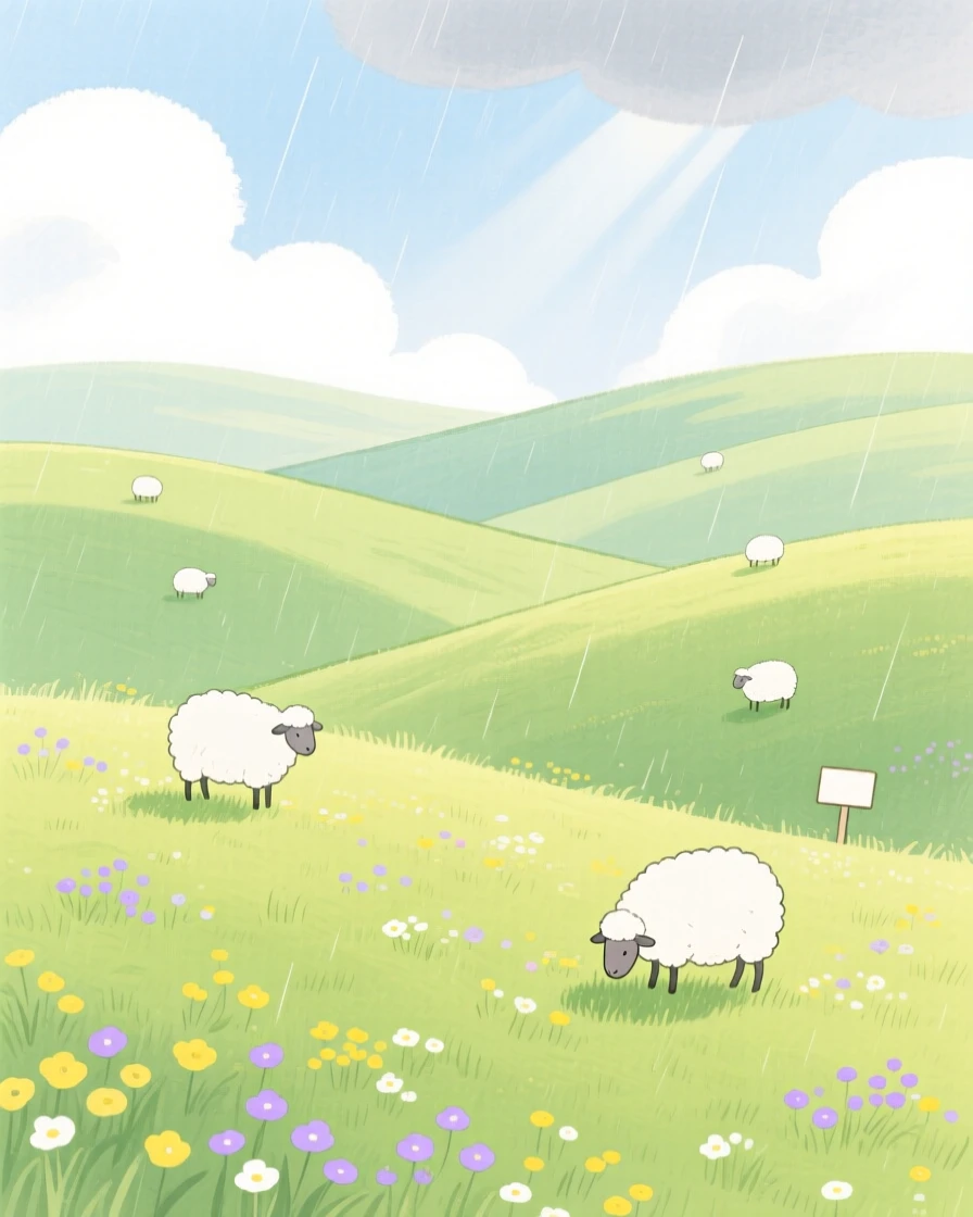 Rolling hills dotted with grazing sheep, peaceful and vast, just after a summer storm.