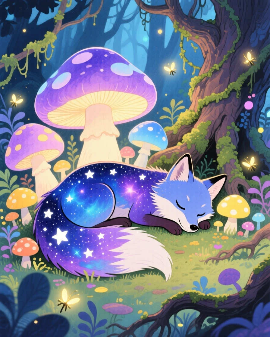A star-tailed cosmic fox napping among a cluster of giant glowing mushrooms, in an ancient magical grove, brimming with magical warmth and beauty.