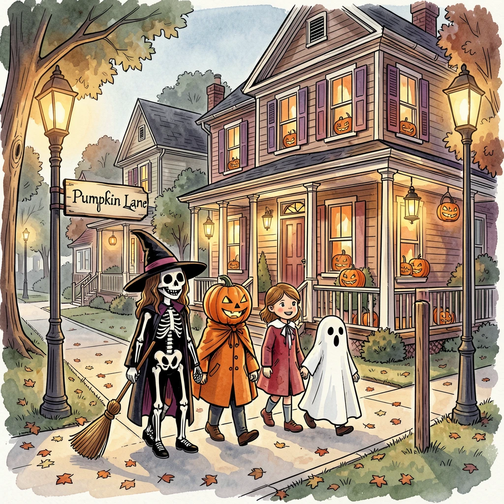 A Halloween trick-or-treat scene with children in costumes walking down a lantern-lit street