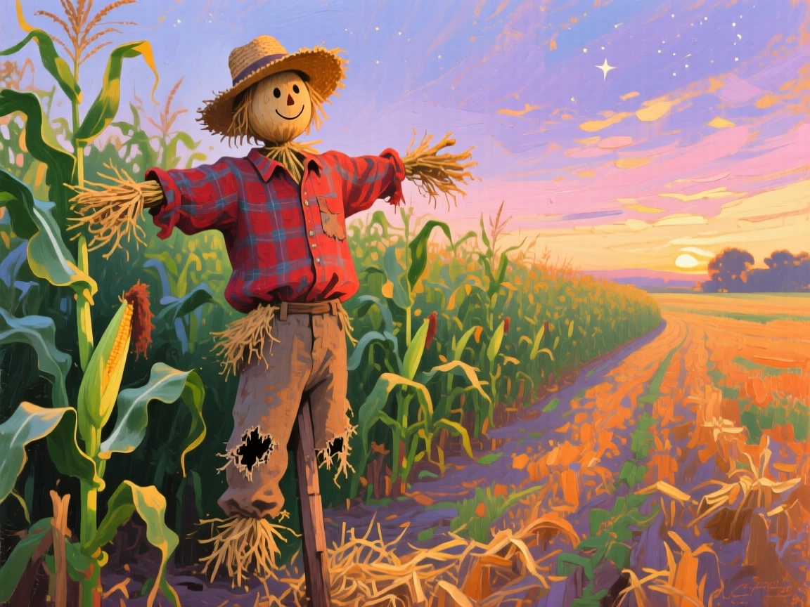 a scarecrow among tall corn, on a gentle summer evening, composed along a natural leading line.