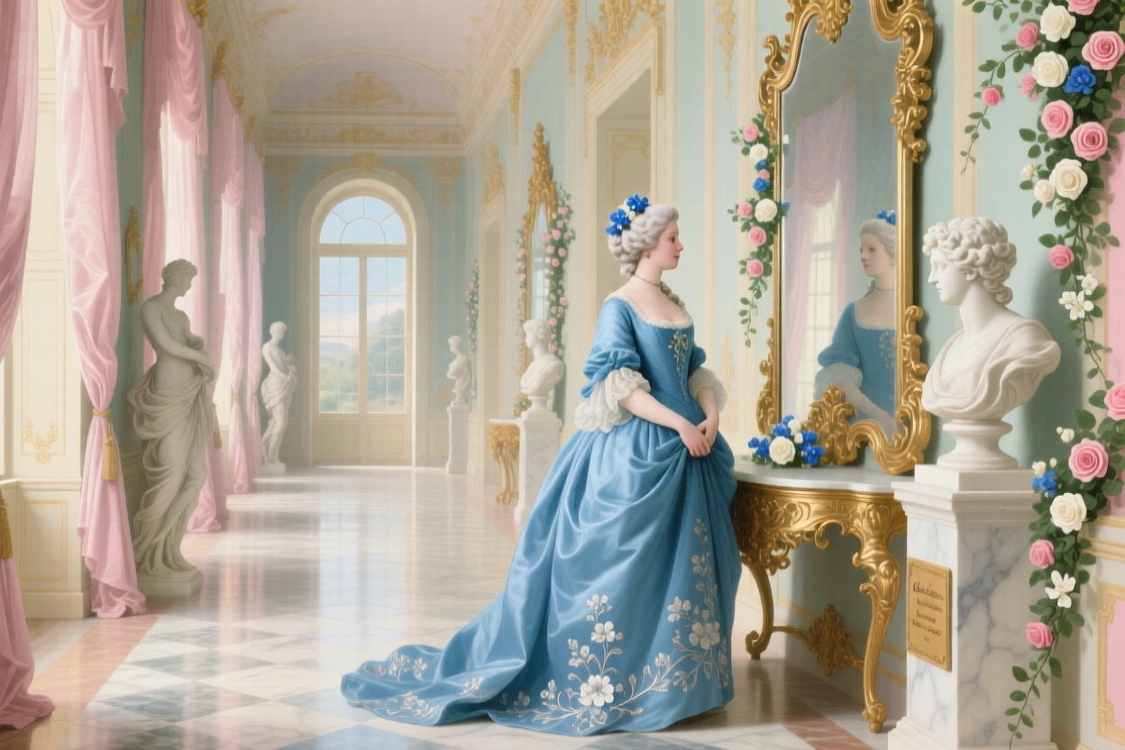 A palace hallway with towering mirrors, marble statues, and a lone lady in a blue gown  