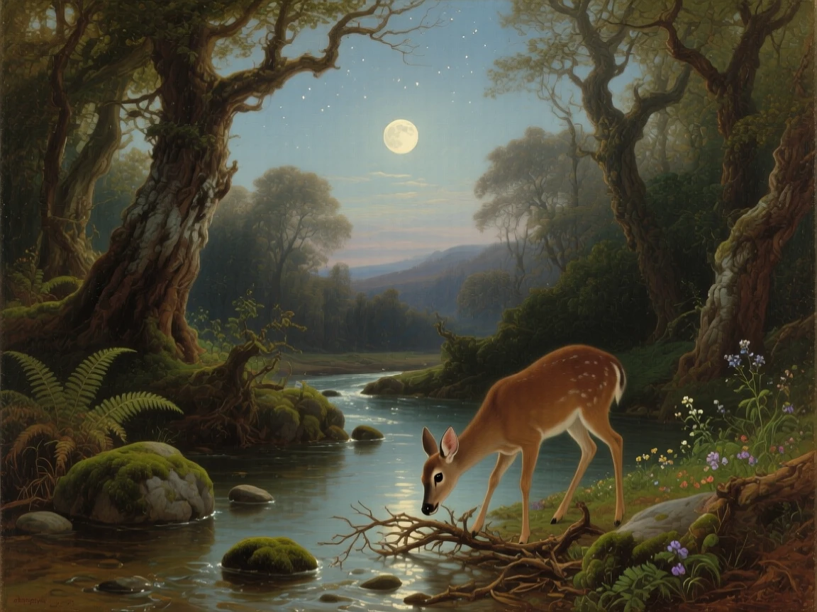 A gentle doe gathers fallen branches in a woodland stream lined with mossy stones under a full moon's pale light.