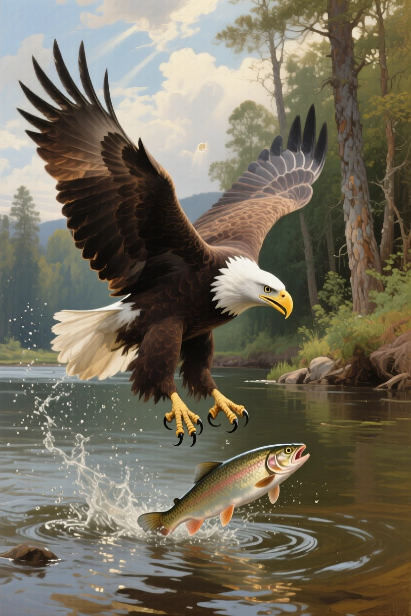 A bald eagle diving toward a river to snatch a fish from the water, with dramatic natural light catching every detail of its fur or feathers, showing the animal in its truest, most authentic element