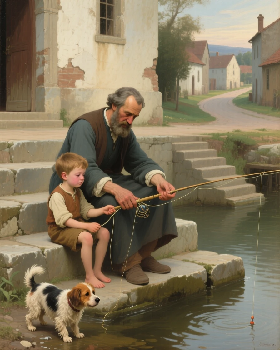 A father teaching his son to fish at the water's edge as tears and gratitude mix in equal measure, set on the worn steps of a village church, with a small dog circling excitedly at the family's feet; converging paths in the background lead directly to the embracing pair, filled with gratitude, humility, and human warmth.