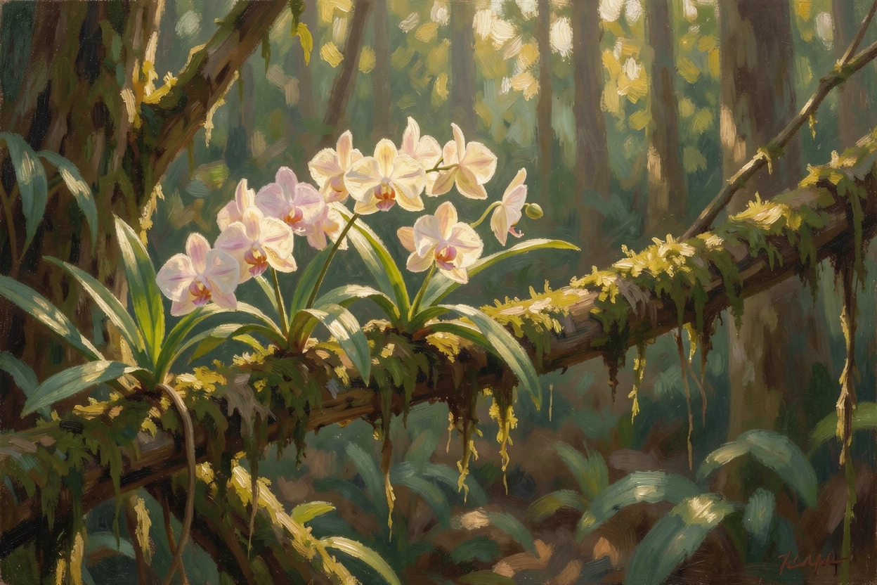 A cluster of wild orchids growing along a mossy rainforest branch, sunlight breaking through the canopy.