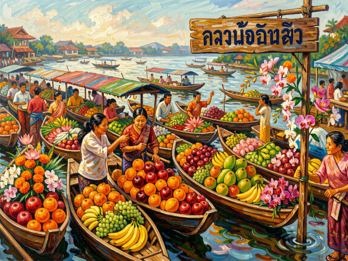 A busy floating market in Thailand, boats piled high with fruit and flowers.