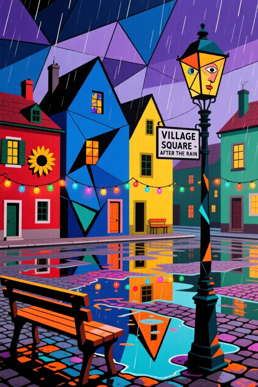 A vibrant scene of a quiet village square reflecting colorful lights in puddles after rain.