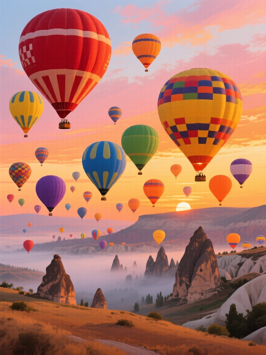 A vivid sunset silhouettes a hot air balloon festival over Cappadocia, dozens of colorful balloons rising against a sky glowing in orange and pink, the air carrying a faint mist that softens distant shapes without obscuring the overall view.