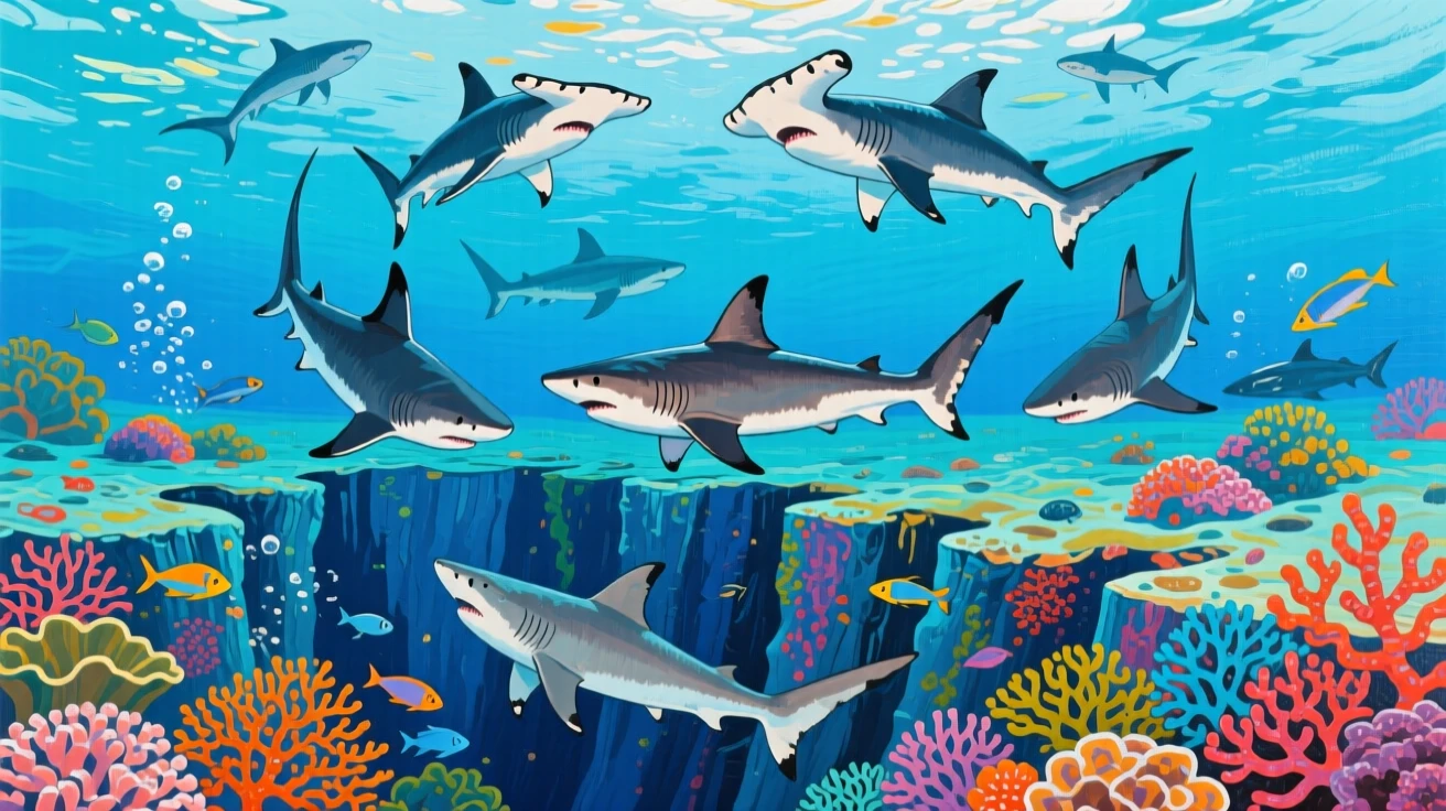 A school of hammerhead sharks circling slowly above a deep coral drop-off