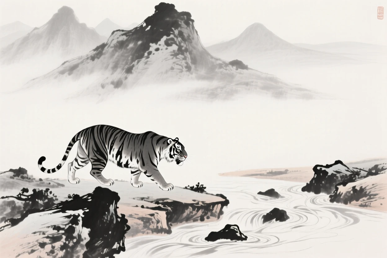 A tiger prowls silently along a rocky riverbank, beneath towering peaks fading into the distance.