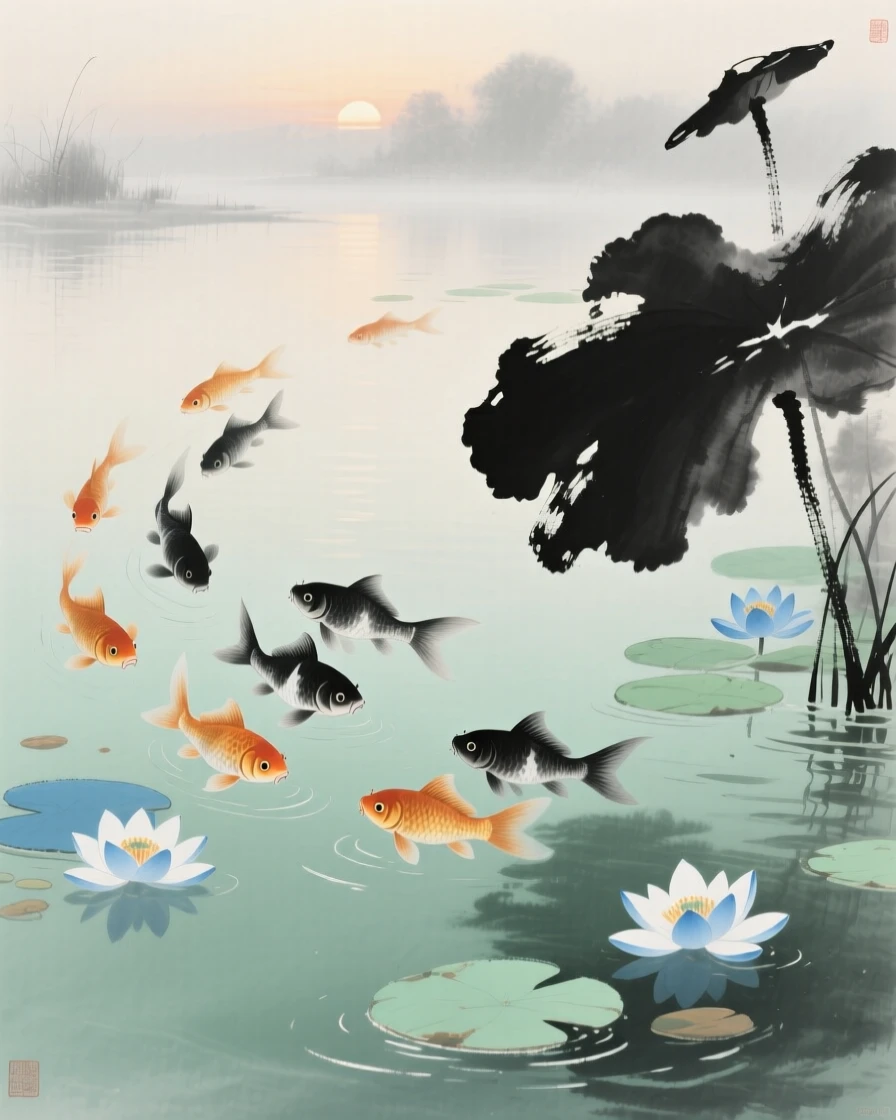 A school of goldfish gliding beneath floating water lilies, in the mild days of early winter, touched with gentle melancholy, at dawn.